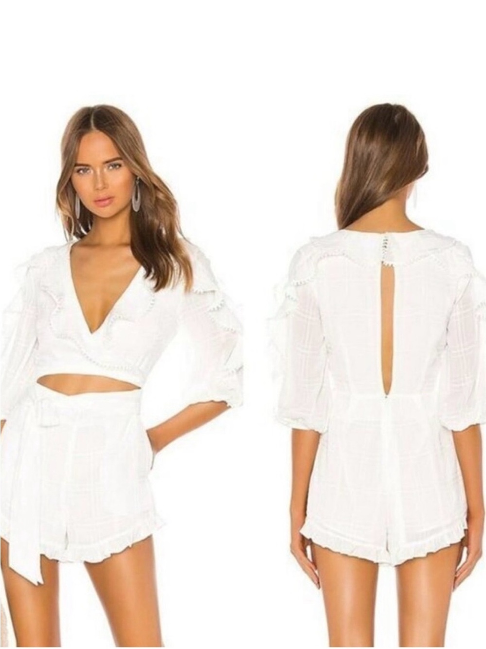 MAJORELLE White Ruffle-Trim Crop Top and Short Set